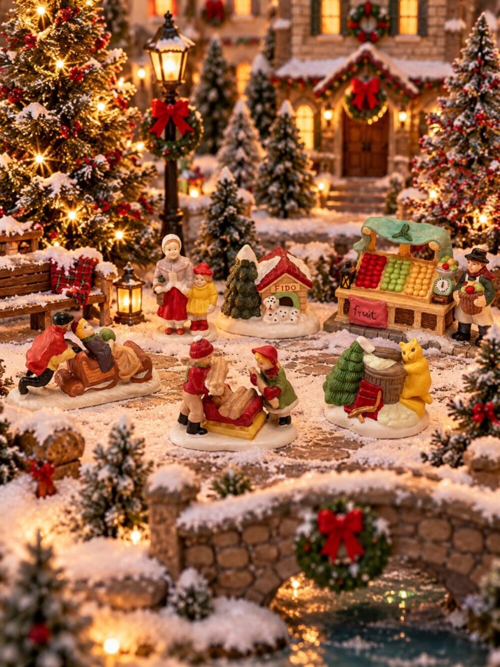 Vintage Christmas Village Figurines Lot of 5 Winter Scenes & Fruit Stand